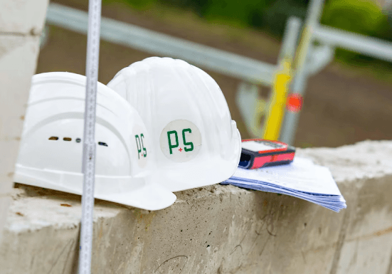 Bauhelme und Werkzeuge auf einer Baustelle